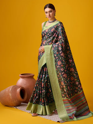 Black Cotton Digital Print Saree With Blouse Piece