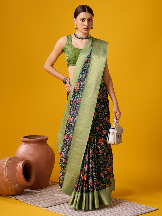 Black Cotton Digital Print Saree With Blouse Piece