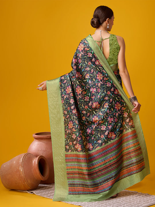 Black Cotton Digital Print Saree With Blouse Piece