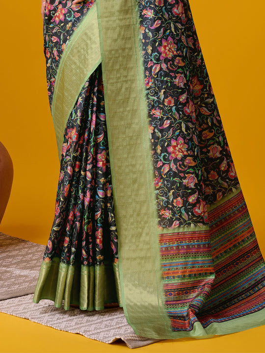 Black Cotton Digital Print Saree With Blouse Piece