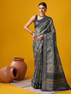 Blue Cotton Digital Print Saree With Blouse Piece