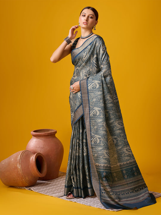 Blue Cotton Digital Print Saree With Blouse Piece