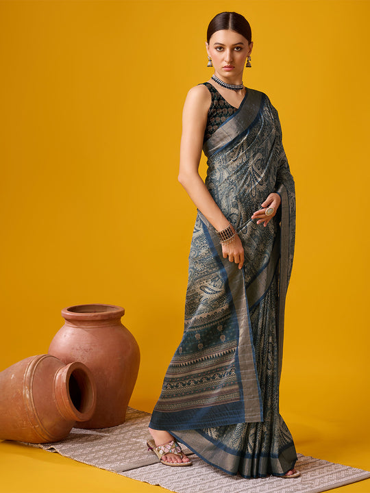 Blue Cotton Digital Print Saree With Blouse Piece