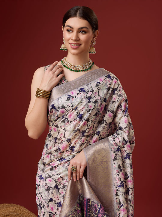 White Cotton Digital Print Saree With Blouse Piece