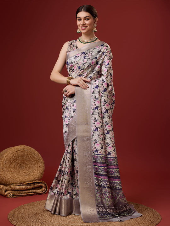 White Cotton Digital Print Saree With Blouse Piece
