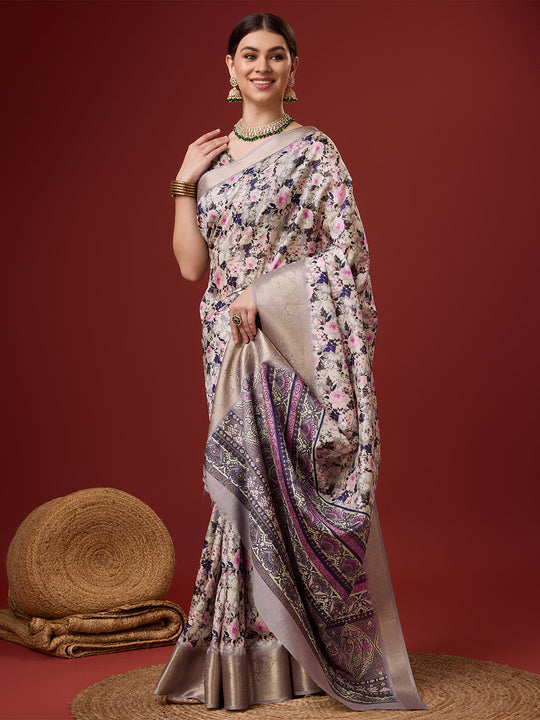White Cotton Digital Print Saree With Blouse Piece