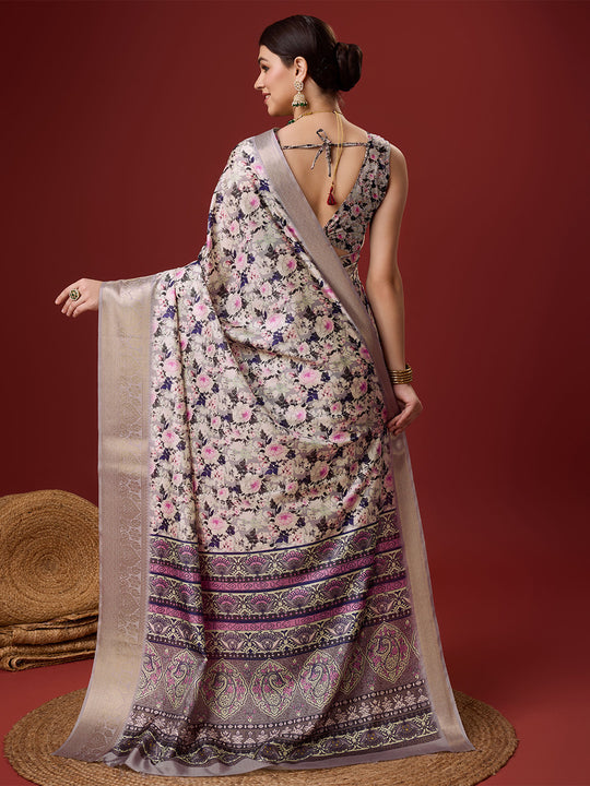 White Cotton Digital Print Saree With Blouse Piece