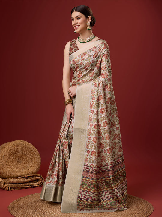 Cream Cotton Digital Print Saree With Blouse Piece