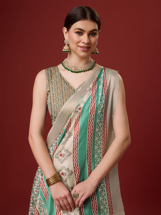 White Cotton Digital Print Saree With Blouse Piece