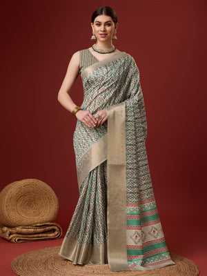 White Cotton Digital Print Saree With Blouse Piece