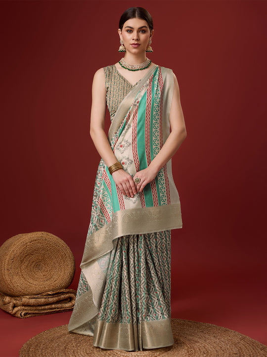 White Cotton Digital Print Saree With Blouse Piece