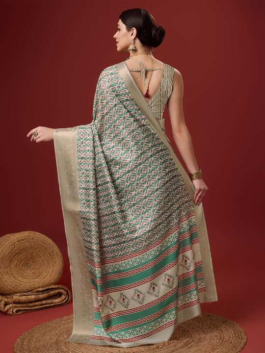 White Cotton Digital Print Saree With Blouse Piece