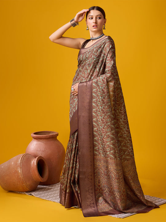 Coffee Cotton Digital Print Saree With Blouse Piece