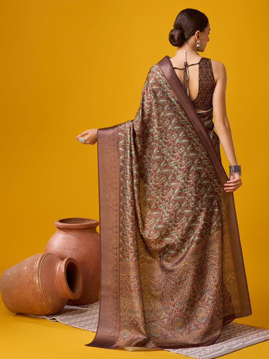 Coffee Cotton Digital Print Saree With Blouse Piece