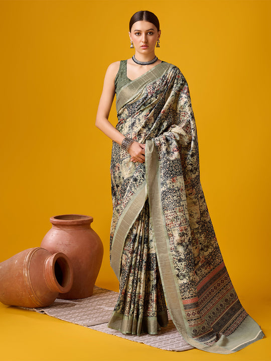 Cream Cotton Digital Print Saree With Blouse Piece