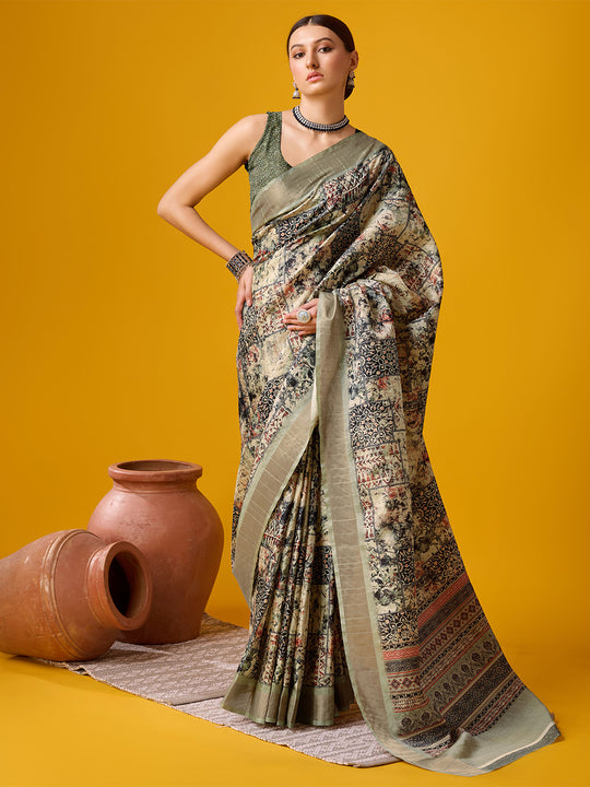 Cream Cotton Digital Print Saree With Blouse Piece