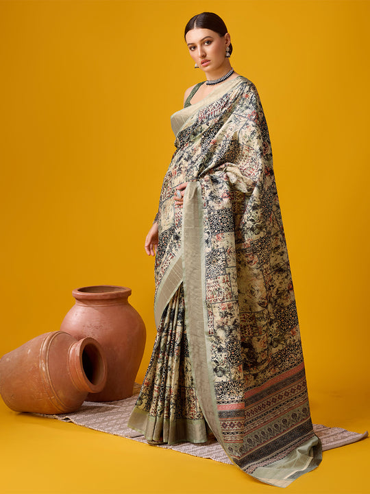 Cream Cotton Digital Print Saree With Blouse Piece