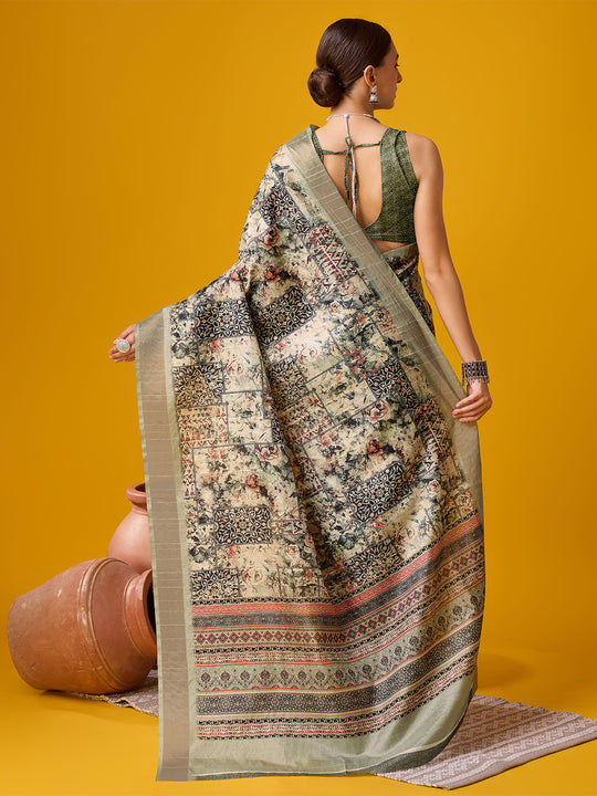 Cream Cotton Digital Print Saree With Blouse Piece