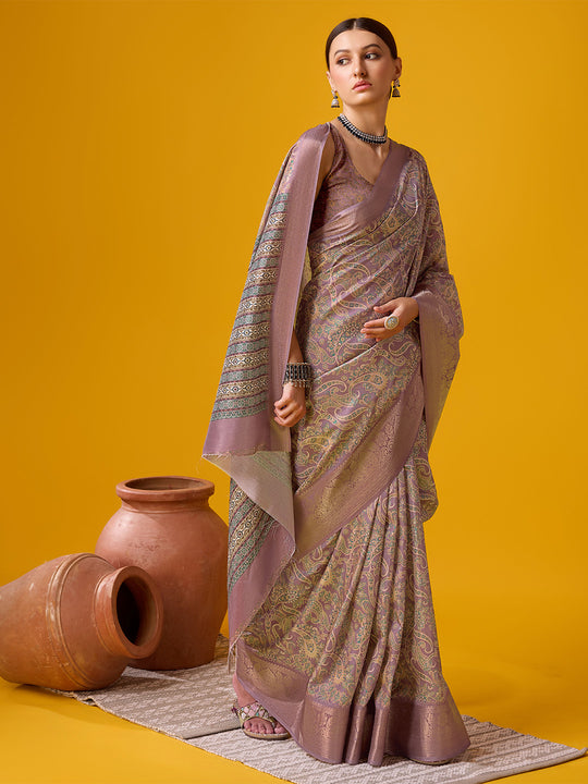 Purple Cotton Digital Print Saree With Blouse Piece