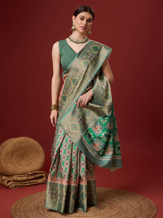 Peach Cotton Digital Print Saree With Blouse Piece