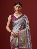 Blue Cotton Digital Print Saree With Blouse Piece