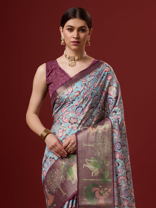 Blue Cotton Digital Print Saree With Blouse Piece