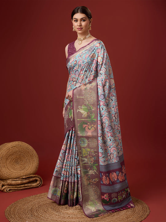 Blue Cotton Digital Print Saree With Blouse Piece