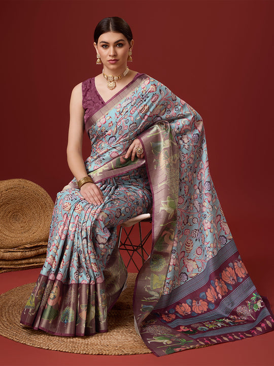 Blue Cotton Digital Print Saree With Blouse Piece