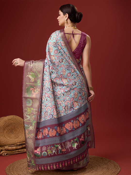 Blue Cotton Digital Print Saree With Blouse Piece