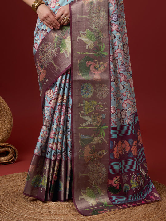Blue Cotton Digital Print Saree With Blouse Piece