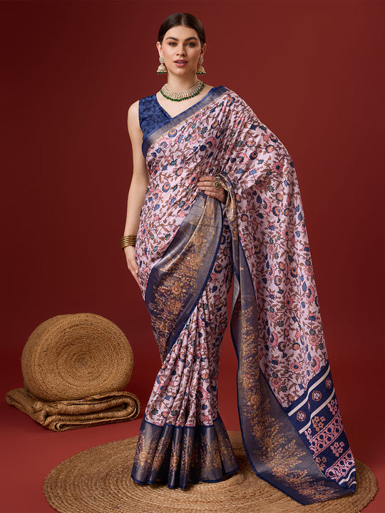 Light Pink Cotton Digital Print Saree With Blouse Piece