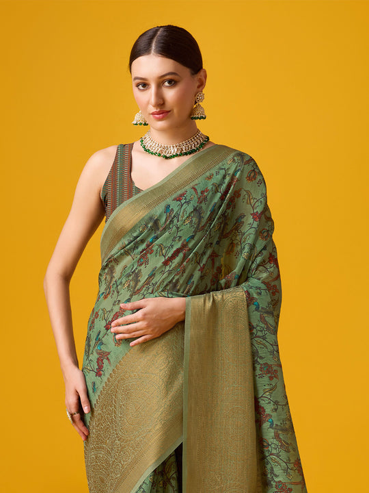 Green Cotton Digital Print Saree With Blouse Piece