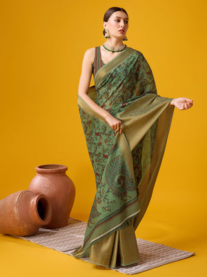 Green Cotton Digital Print Saree With Blouse Piece