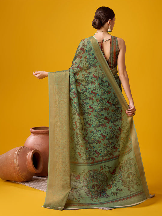 Green Cotton Digital Print Saree With Blouse Piece