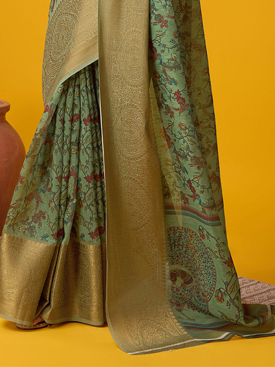 Green Cotton Digital Print Saree With Blouse Piece