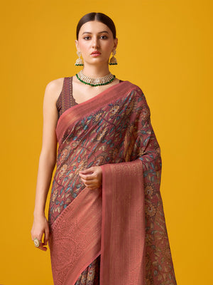 Peach  Cotton Digital Print Saree With Blouse Piece