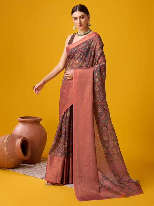 Peach  Cotton Digital Print Saree With Blouse Piece