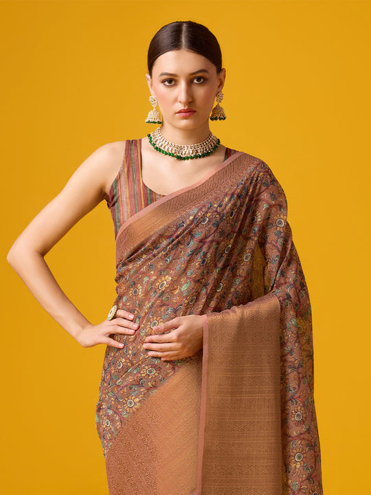 Brown Cotton Digital Print Saree With Blouse Piece