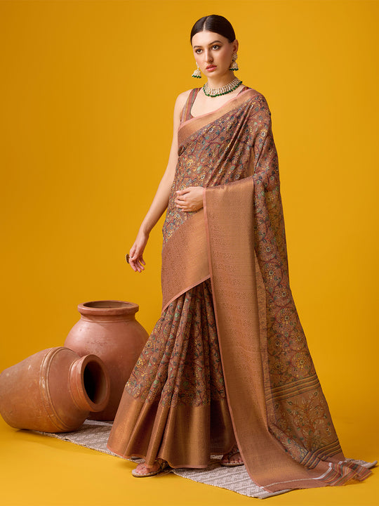 Brown Cotton Digital Print Saree With Blouse Piece