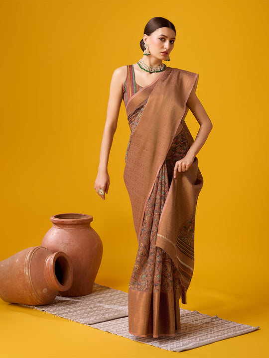 Brown Cotton Digital Print Saree With Blouse Piece