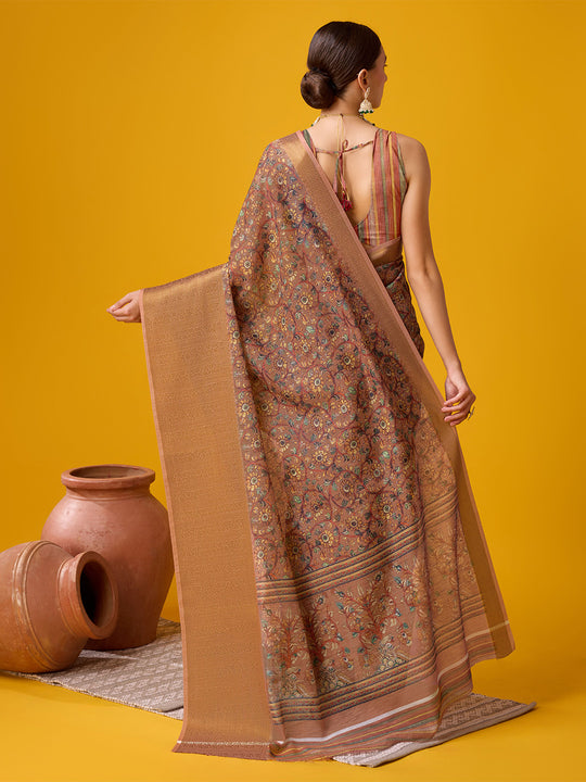 Brown Cotton Digital Print Saree With Blouse Piece