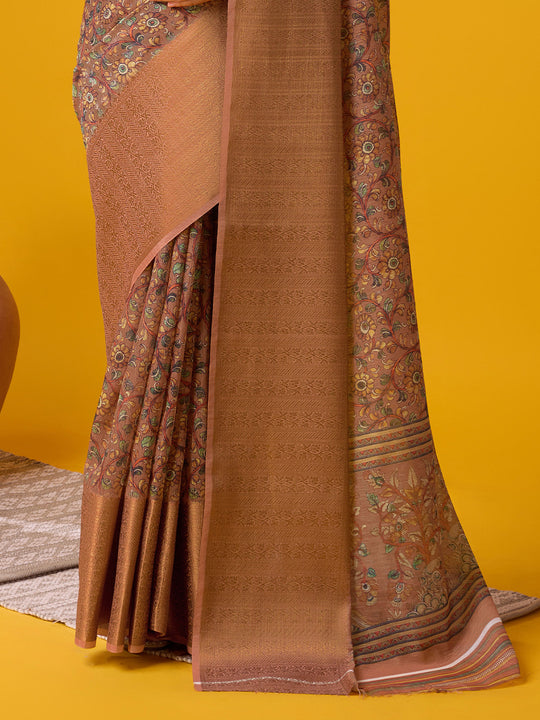 Brown Cotton Digital Print Saree With Blouse Piece