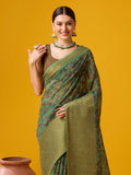 Green Cotton Digital Print Saree With Blouse Piece
