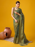 Green Cotton Digital Print Saree With Blouse Piece