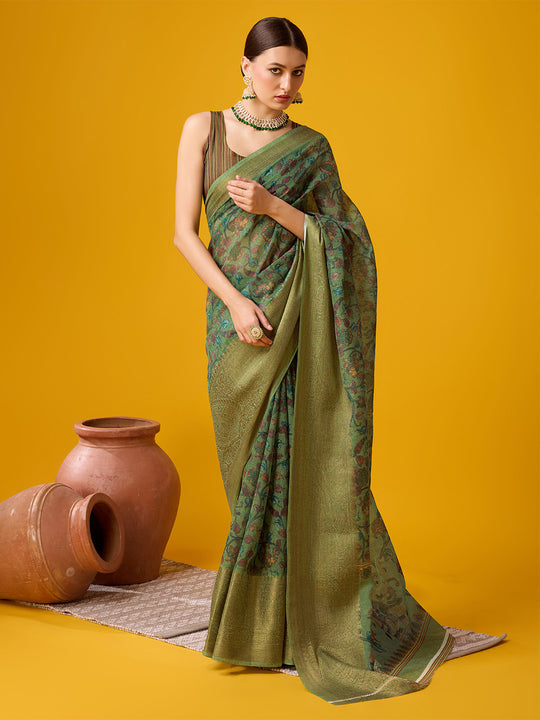 Green Cotton Digital Print Saree With Blouse Piece