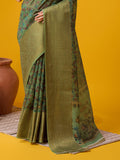 Green Cotton Digital Print Saree With Blouse Piece