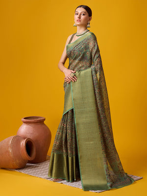 Green Cotton Digital Print Saree With Blouse Piece