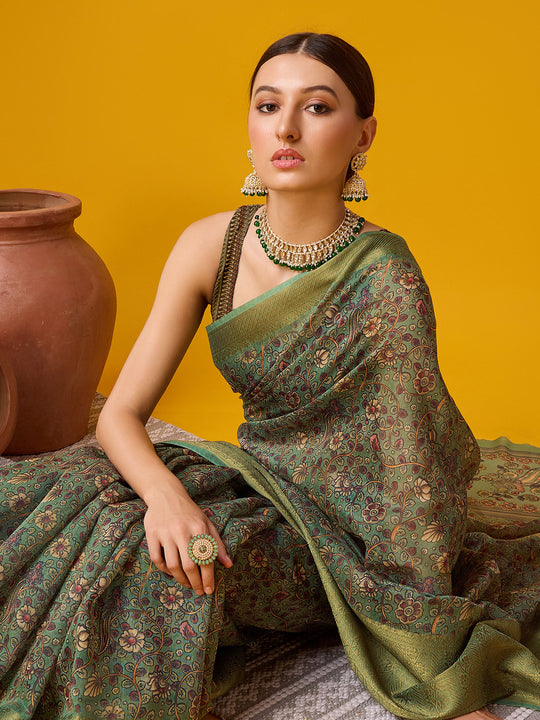 Green Cotton Digital Print Saree With Blouse Piece
