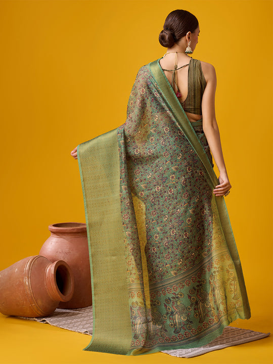 Green Cotton Digital Print Saree With Blouse Piece