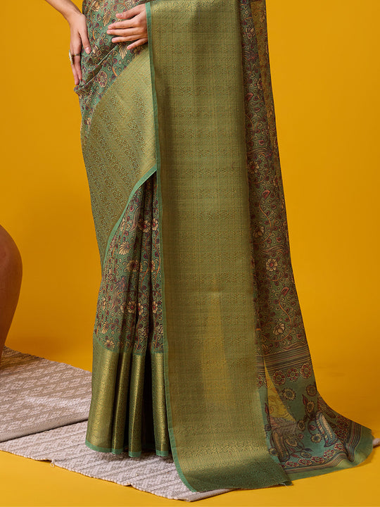 Green Cotton Digital Print Saree With Blouse Piece
